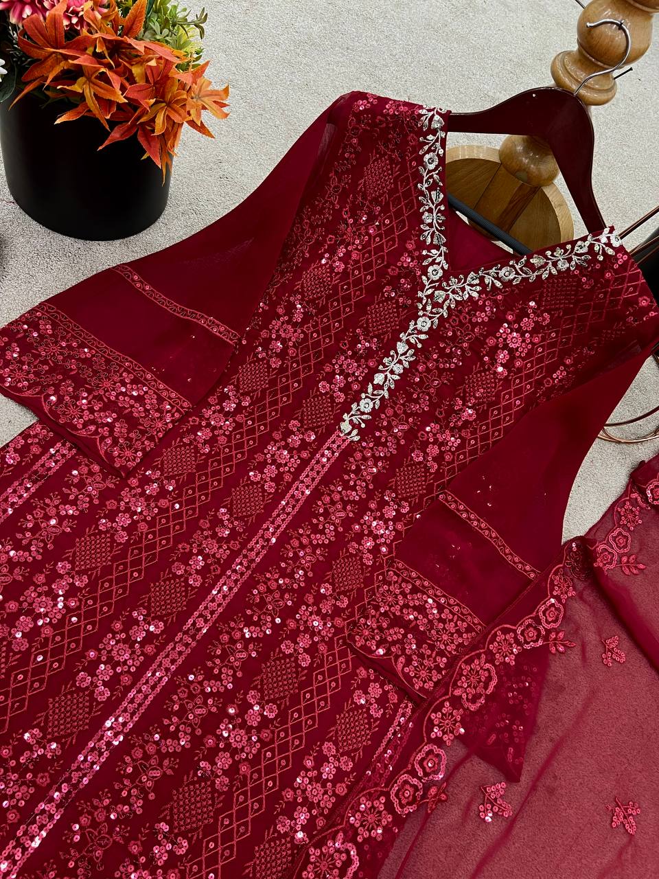 Exclusive Maroon Color Pure Faux Georgette With Embroidery Sequence Work Designer Salwar Suit