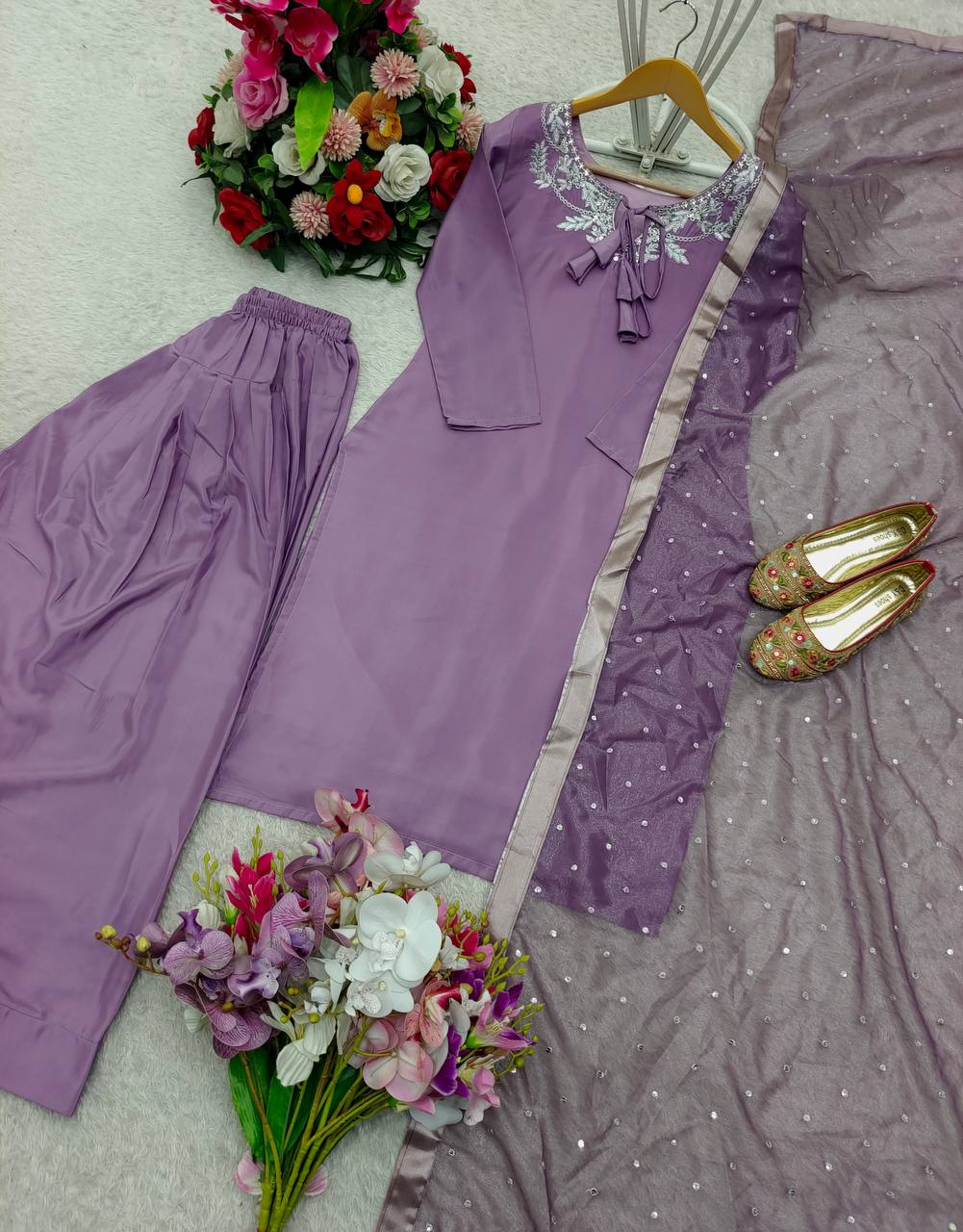 Traditional Wear Light Purple Color Pure Natural Crepe With Heavy Embroidery Sequence Work Salwar Suit
