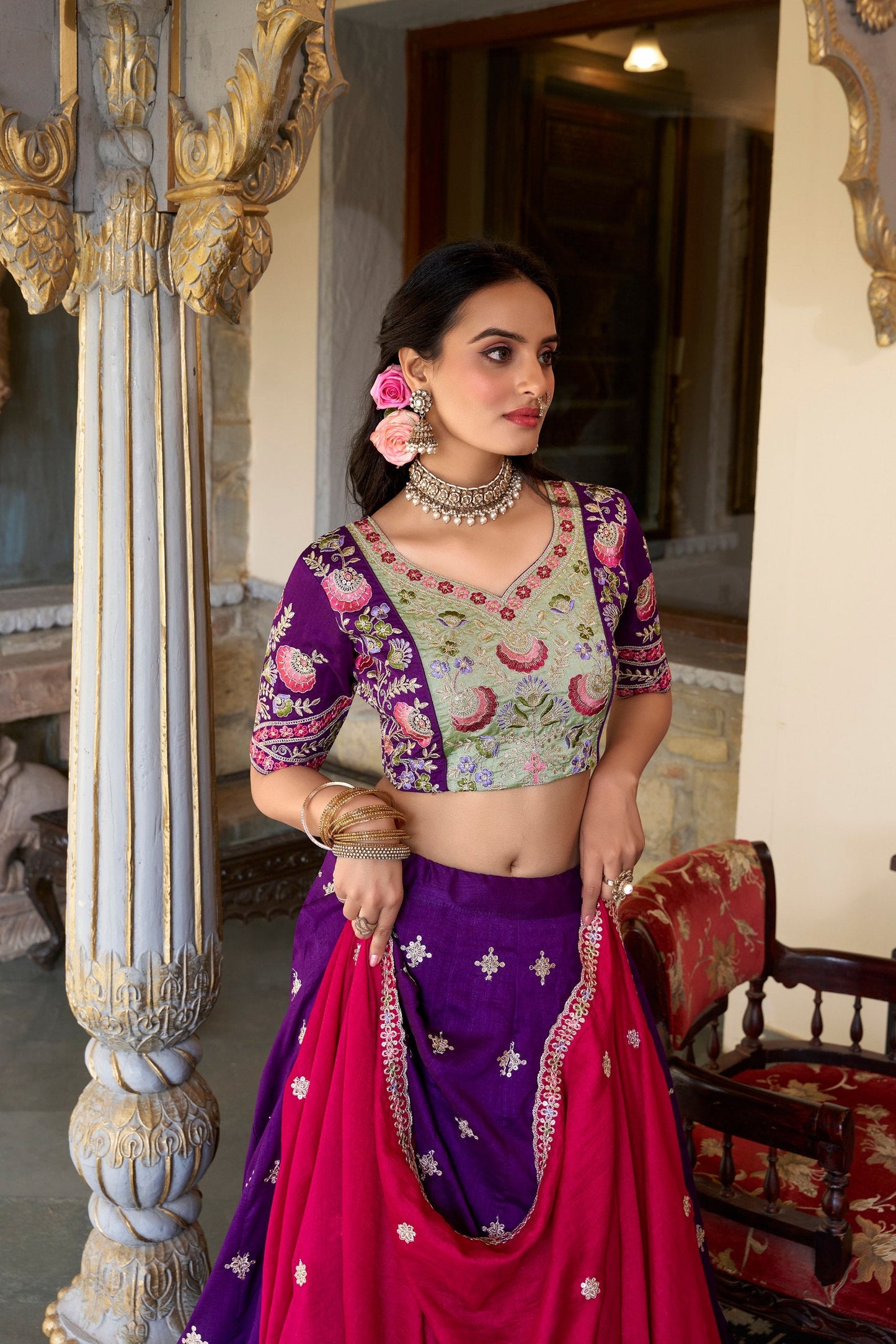 Sangeet Wear Purple Color Vichitra Silk With Sequins And Thread Embroidery Work Designer Lehenga Choli