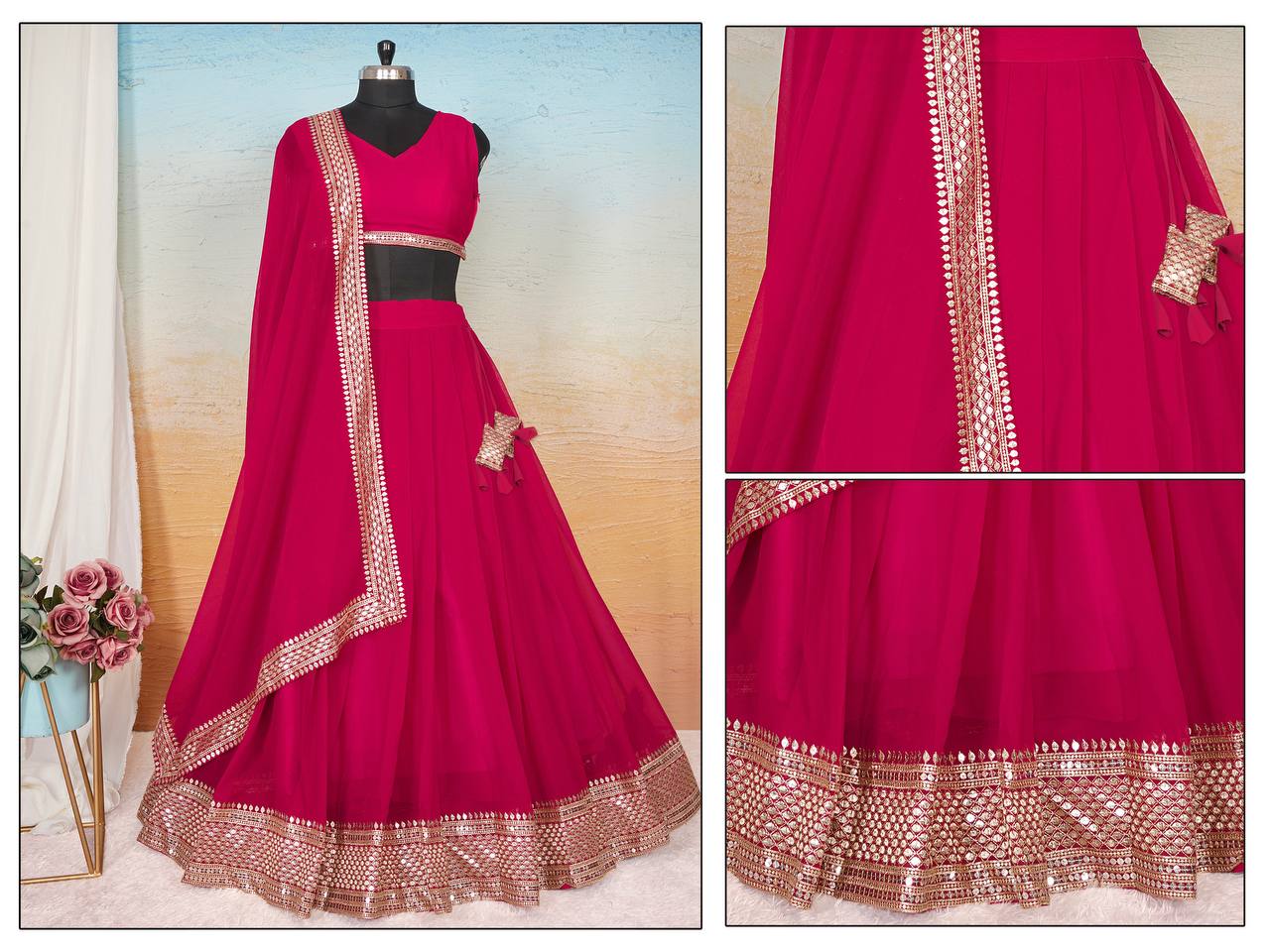 Wedding Wear Pink Color Faux Blooming With Sequins Embroidered Work Lehenga Choli