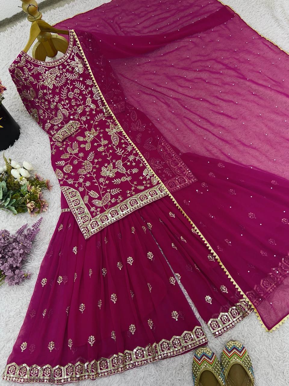 Wedding Wear Wine Color Embroidered Designer Sharara Suit
