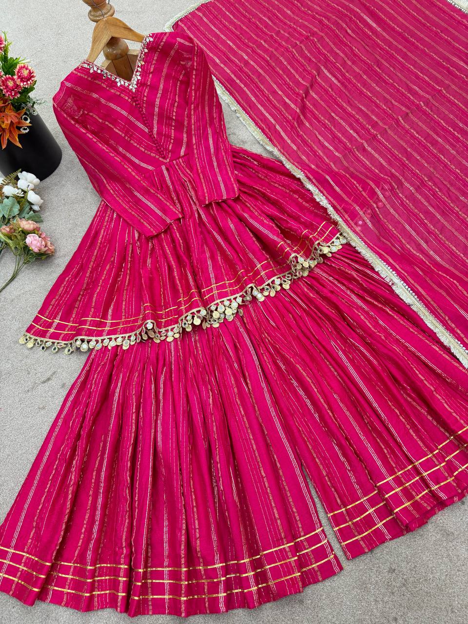Arti Chauhan Wear Pink Color Mirror With Handwork Designer Sharara Suit