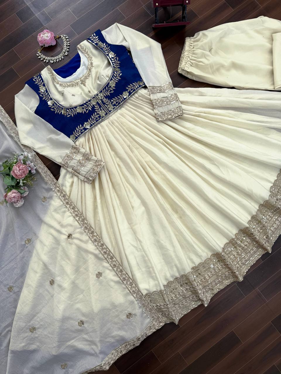 Elegant Cream Color Chinon Silk Anarkali Set with Koti And Dupatta