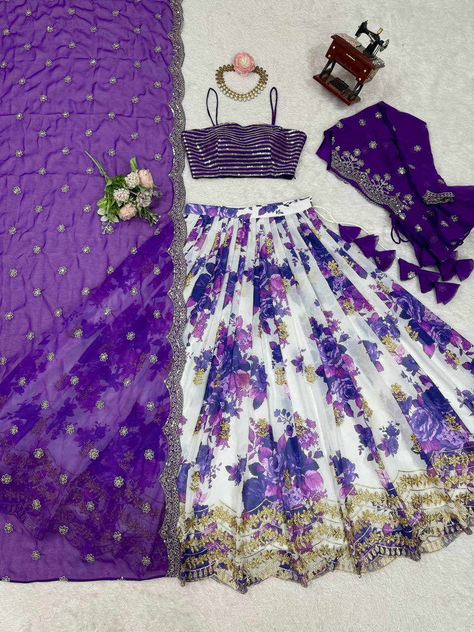 Blue Color Georgette With Digital Printed Lehenga Choli With Koti