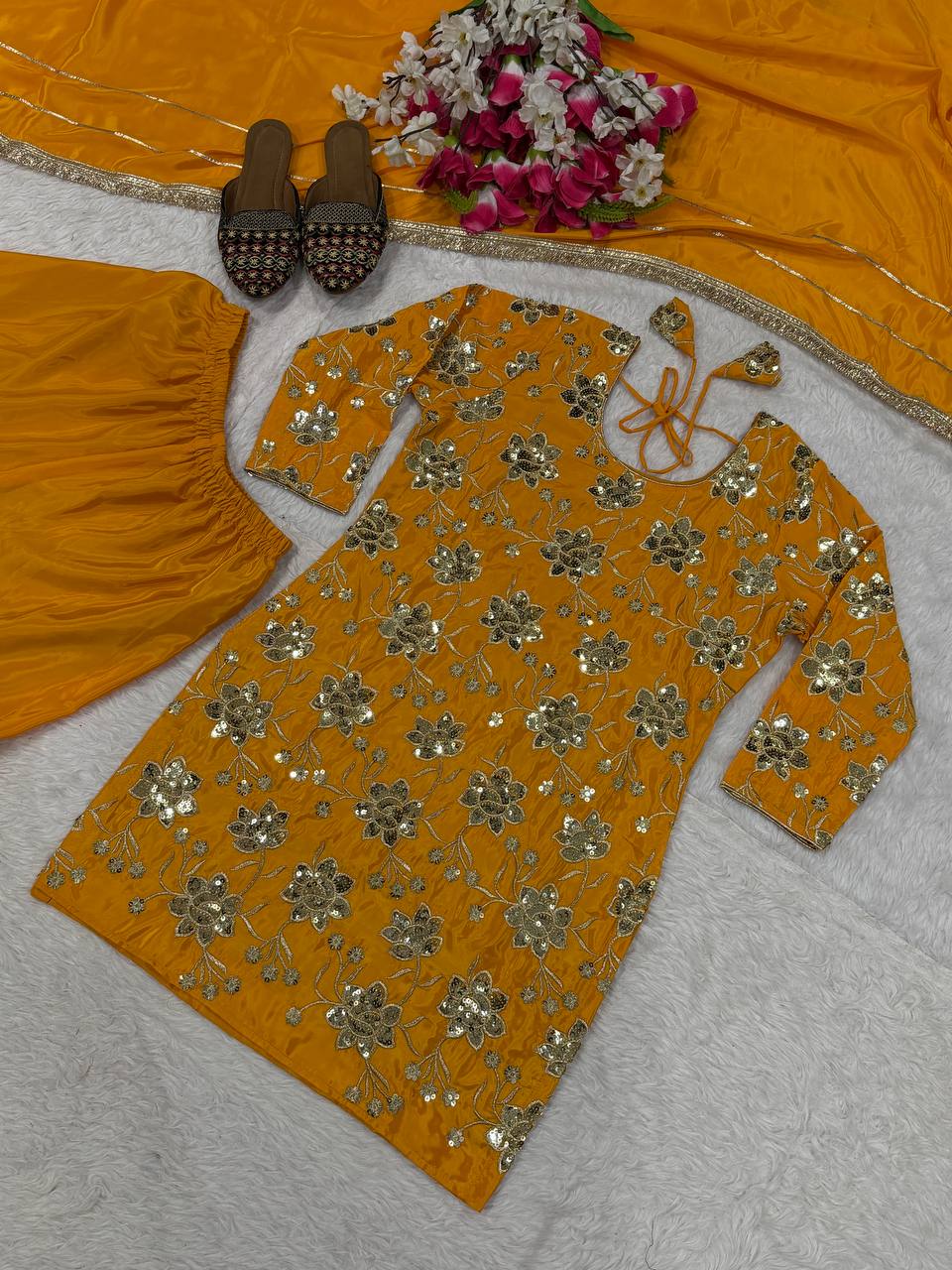 Wedding Wear Yellow Color Embroidery Work Sharara Palazzo Suit Set
