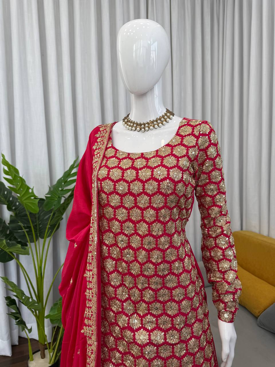 Yankita Kapoor Red Color Faux Georgette Fully Stitched Sharara Suit Set