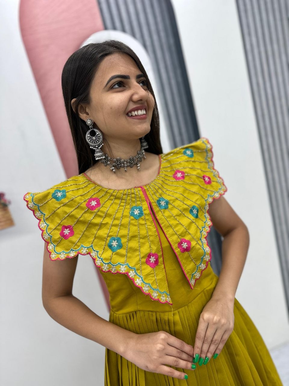 Traditional Wear Green Color Embroidered Hand Mirror Work Gown