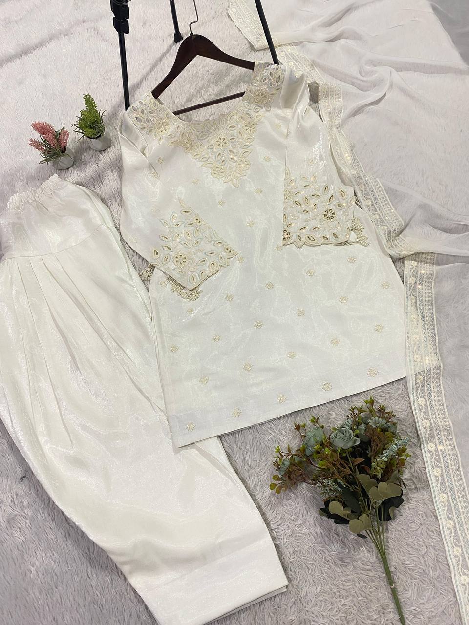 Elegant Festive Wear Off White Roman Silk Designer Salwar Suit