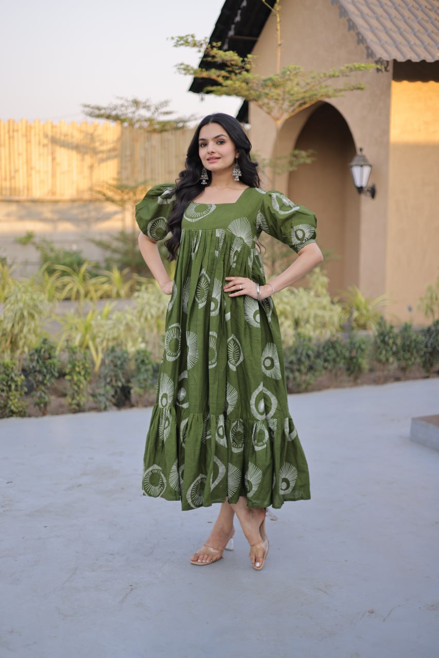 Occasion Wear Green Color Printed Cotton Flared Gown Set