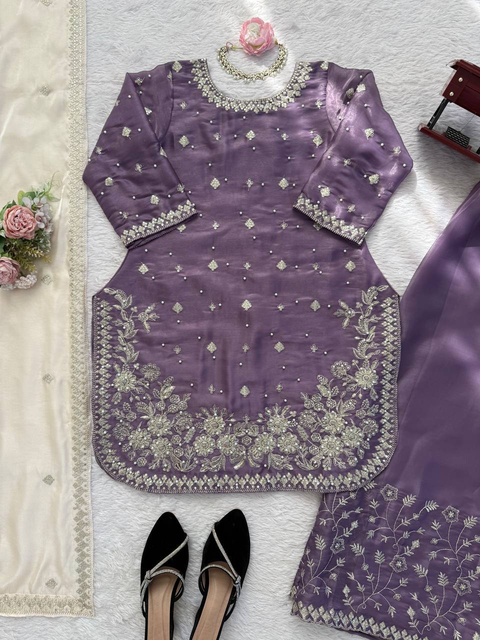 Designer Lavender Color Silk Pearl Embroidered Palazzo Suit Set