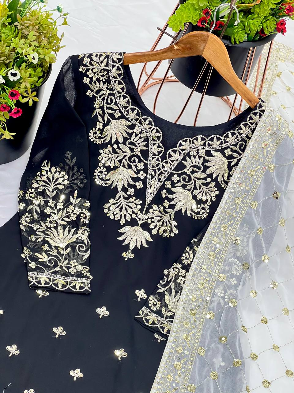 Party Wear Black Color Heavy Faux Georgette With 5mm Embroidery Sequence Work Sharara Suit