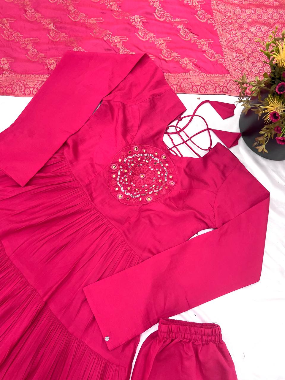 Reception Wear Pink Color Heavy Roman Silk With Embroidery Sequence Work Anarkali Gown
