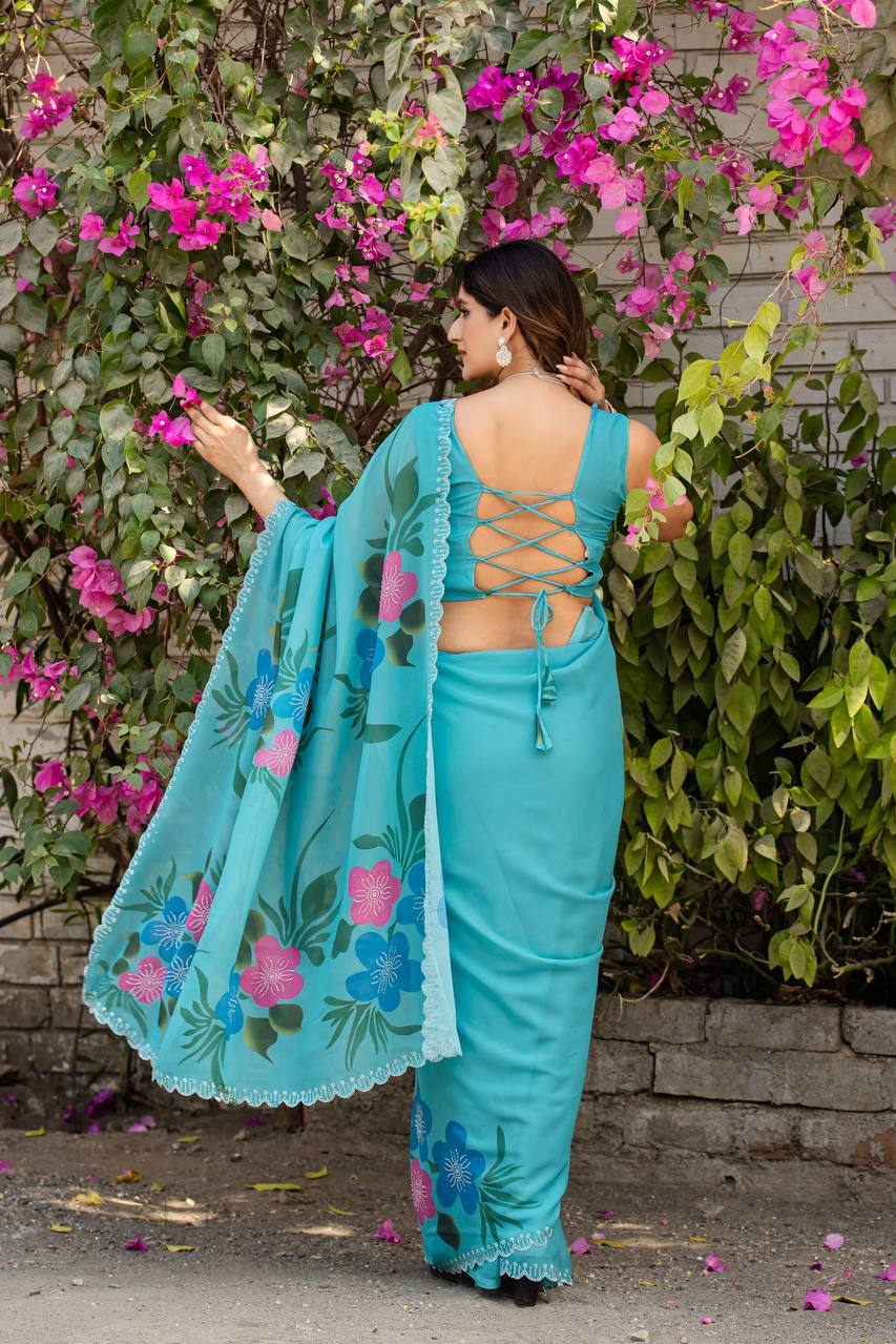 Festive Wear Sky Color Fancy Digital Print With Diamond Work Saree