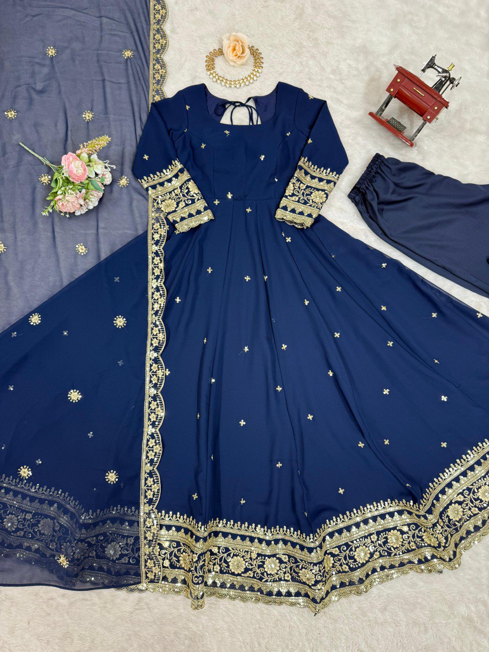 Exclusive Navy Color Faux Georgette Thread With Sequence Work Gown