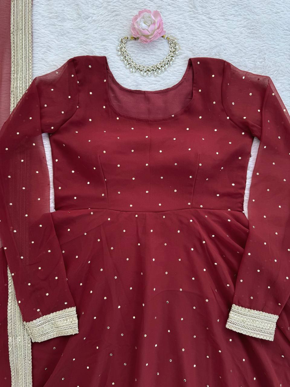 Designer Maroon Georgette Silk Gown With Palazzo And Dupatta Set