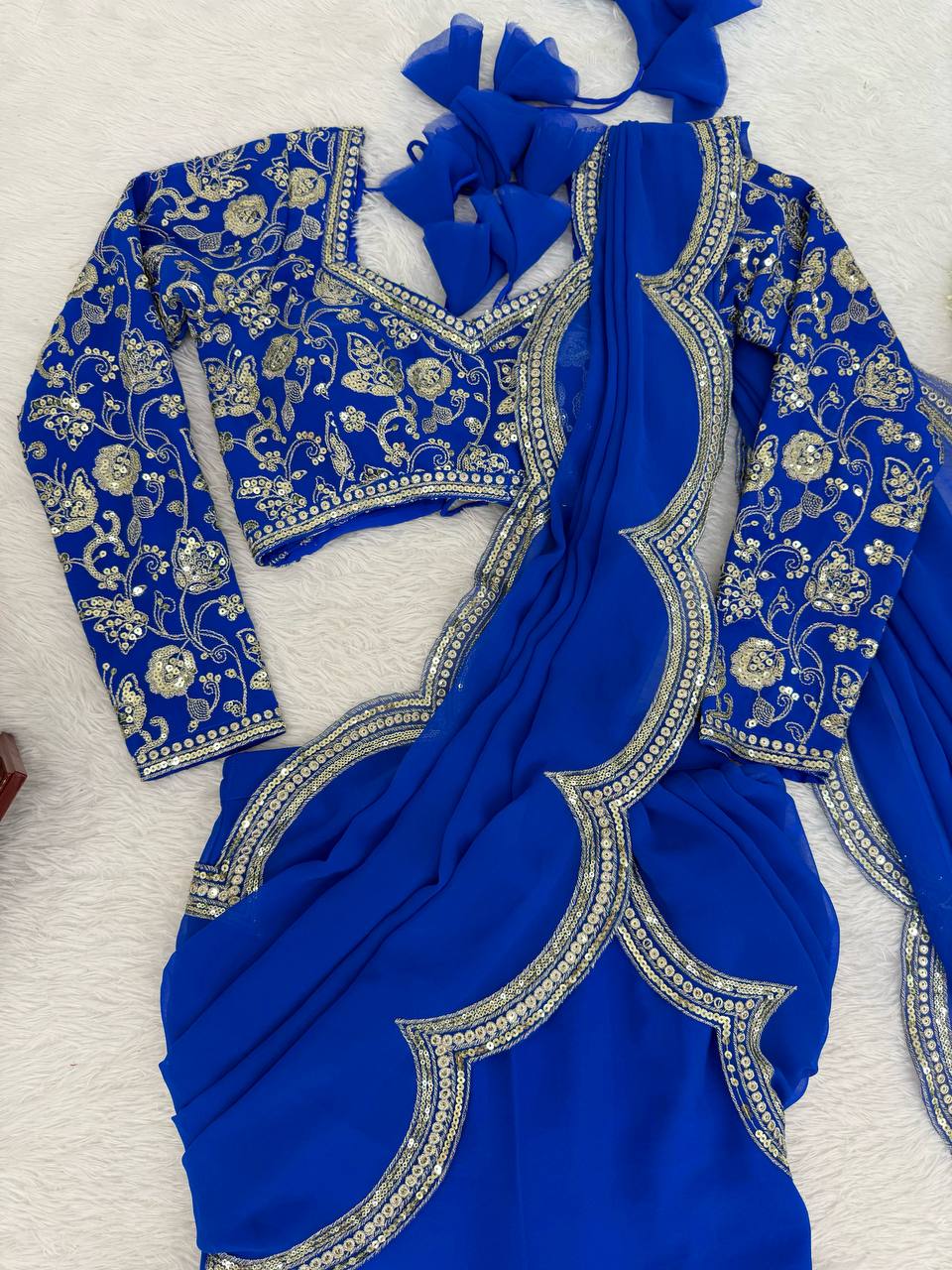 Blue Color Georgette Ruffle Ready To Wear Saree Set