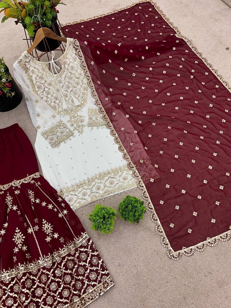 Function Wear Maroon Color Heavy Faux Georgette With Embroidery Sequence Work Sharara Suit