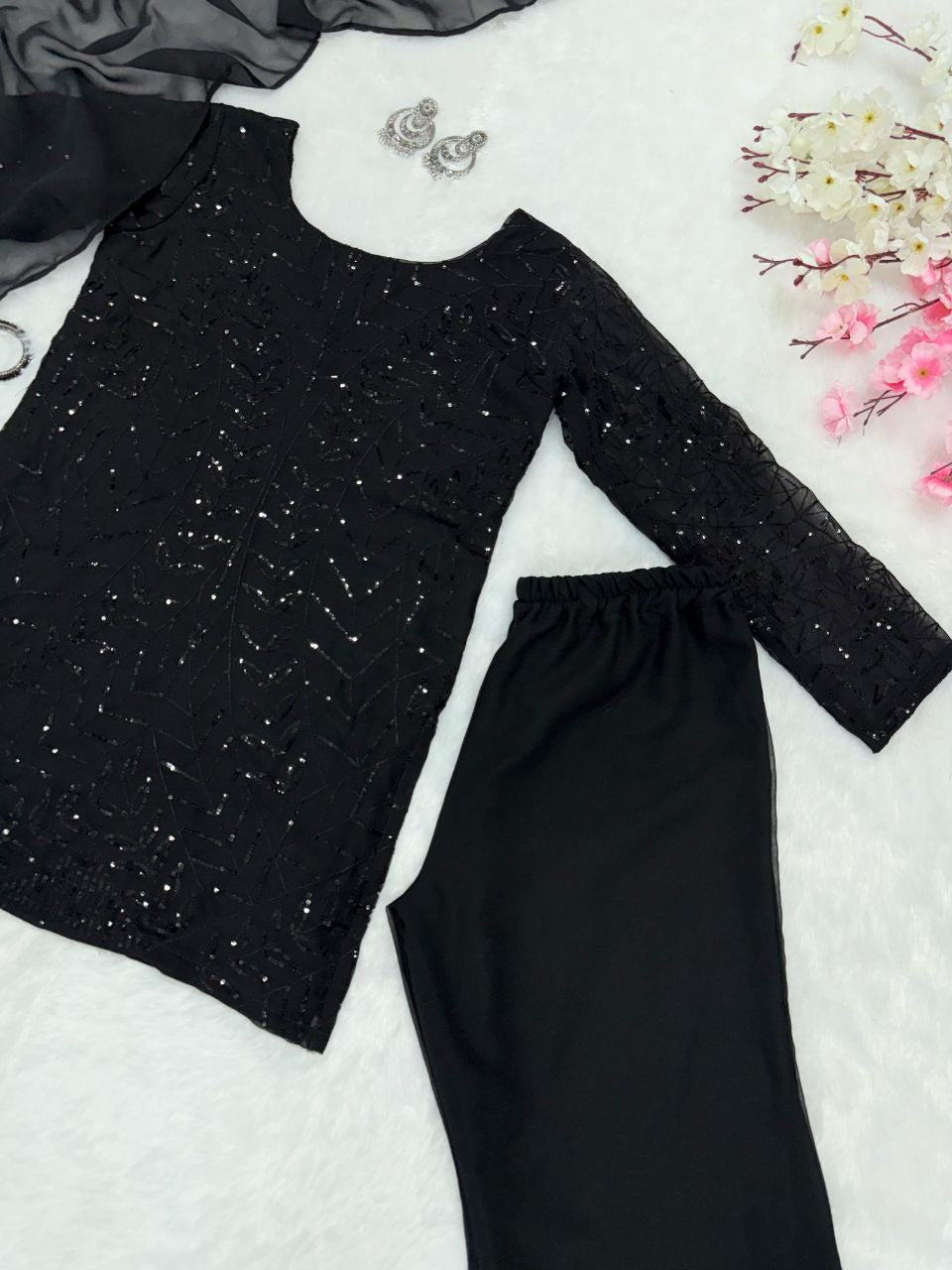 Casual Wear Black Color Pure Georgette Embroidery Sequins Work Palazzo Suit