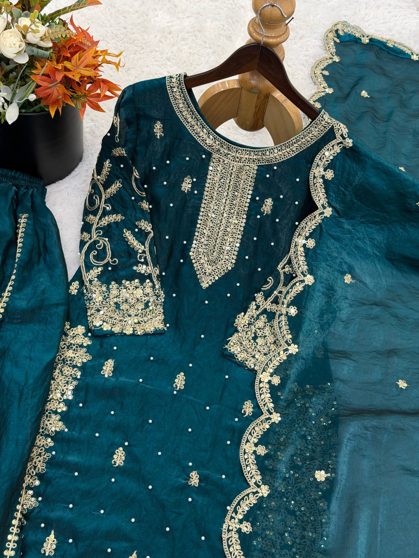 Designer Blue Color Sequence Embroidered Palazzo Suit With Dupatta