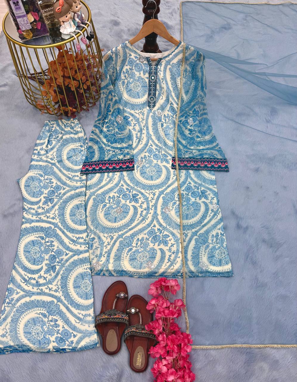Party Wear Sky Blur Color Pure Chifon Georgette With Digital Print With Embroidery Work Palazzo Suit