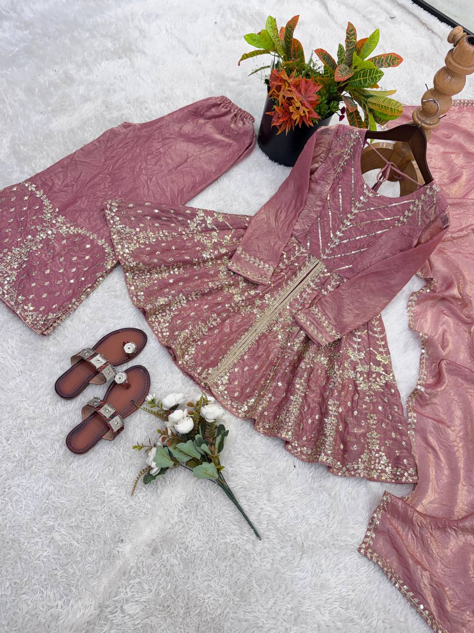 Stunning Pink Color Sequence Embroidred Sharara Suit With Dupatta