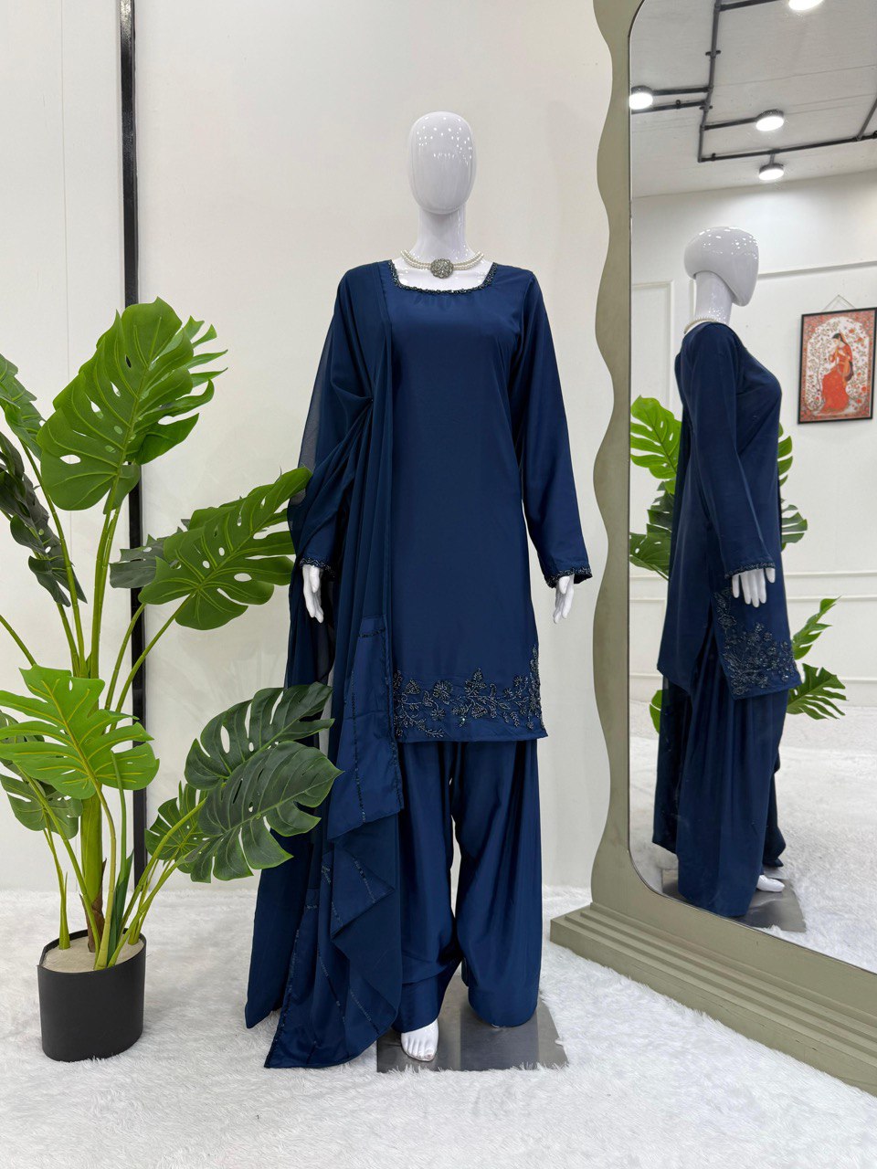 Party Wear Navy Blue Color Natural Crepe Beads With Moti With Thread Work Palazzo Suit