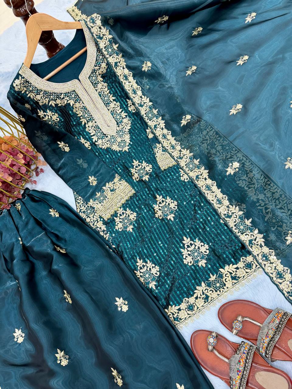 Teal Green Color Silk Embroidered Fully Stitched Palazzo Suit Set