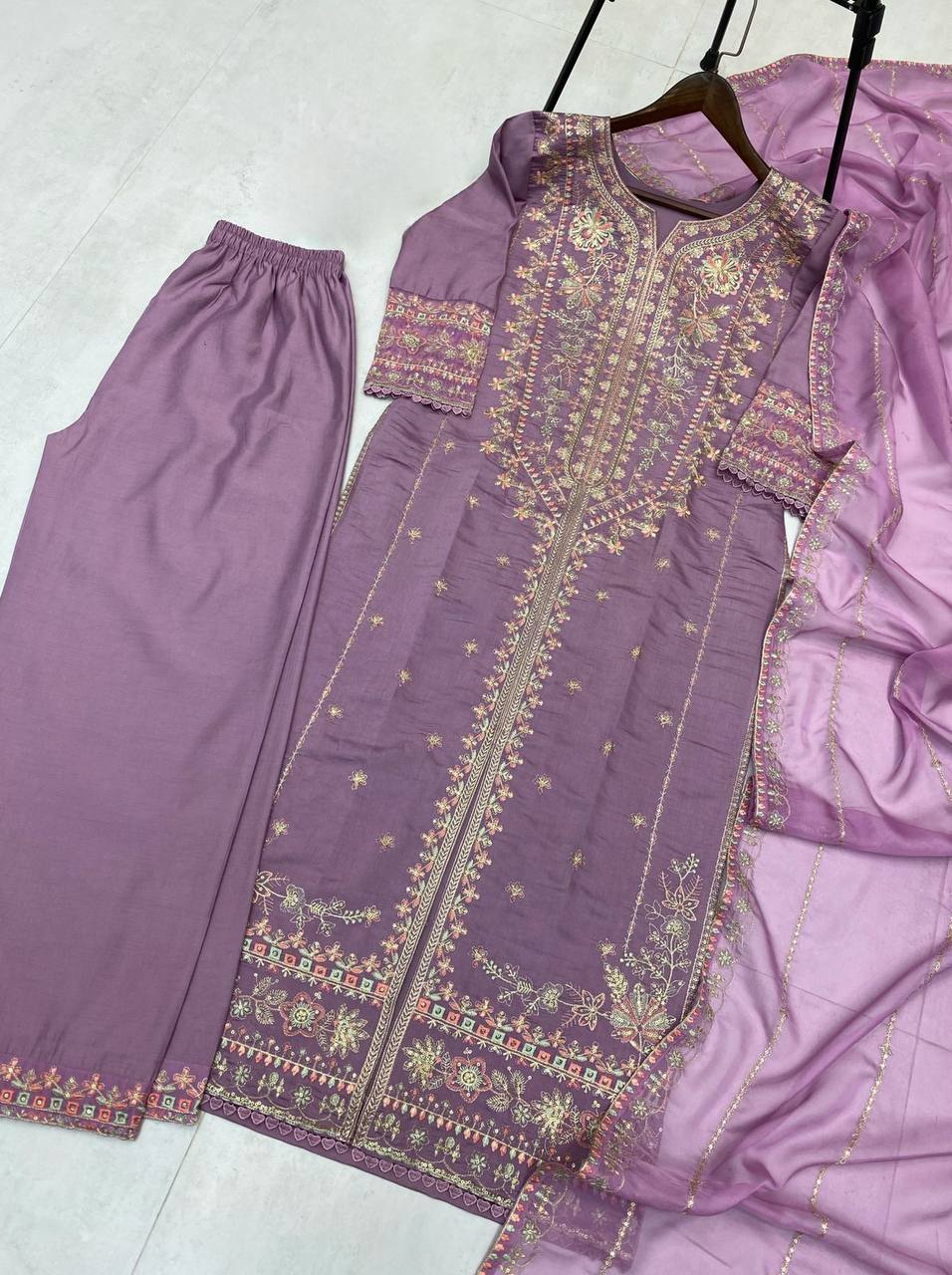 Arti Chuahan Wear Purple Roman Silk Embroidered Kurti Palazzo Set