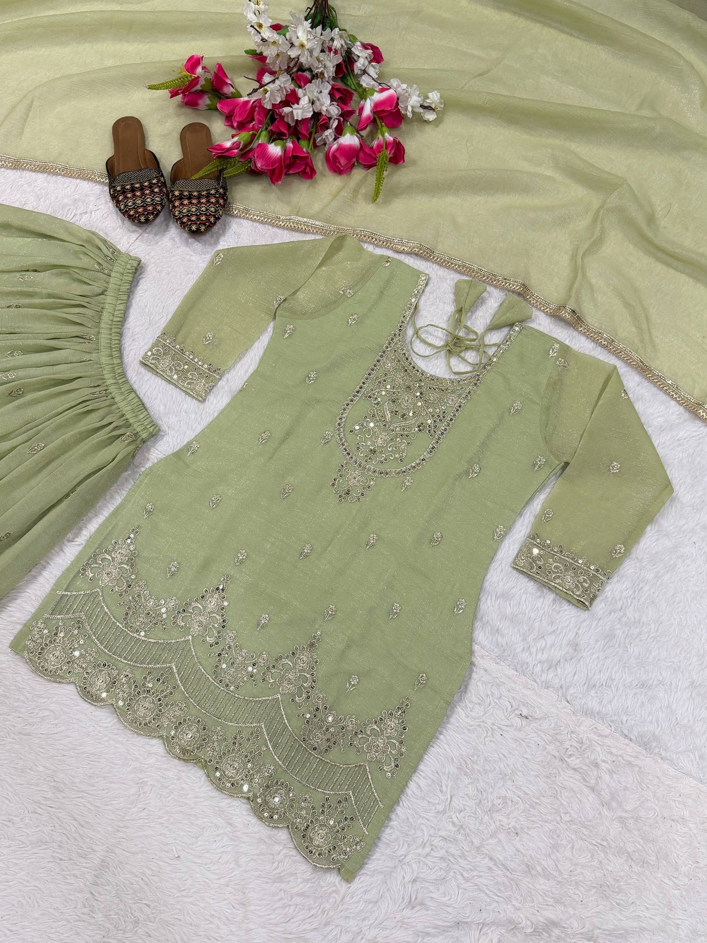 Gorgeous Green Color Embroidered Sharara Suit With Dupatta