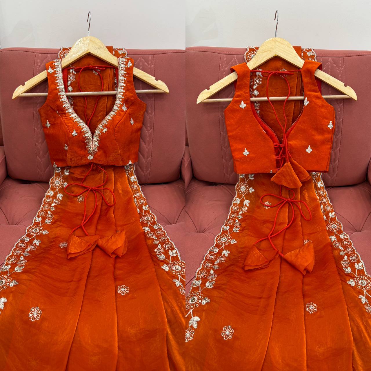 Arti Chauhan's Orange Color Sequins Embroidered Weddings Saree Set