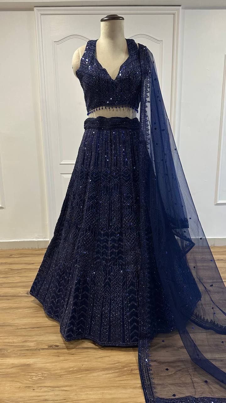 Celebrity Style Nevy Blue Color Net Lehenga With Sequins Dori Work Designer Lehenga Choli