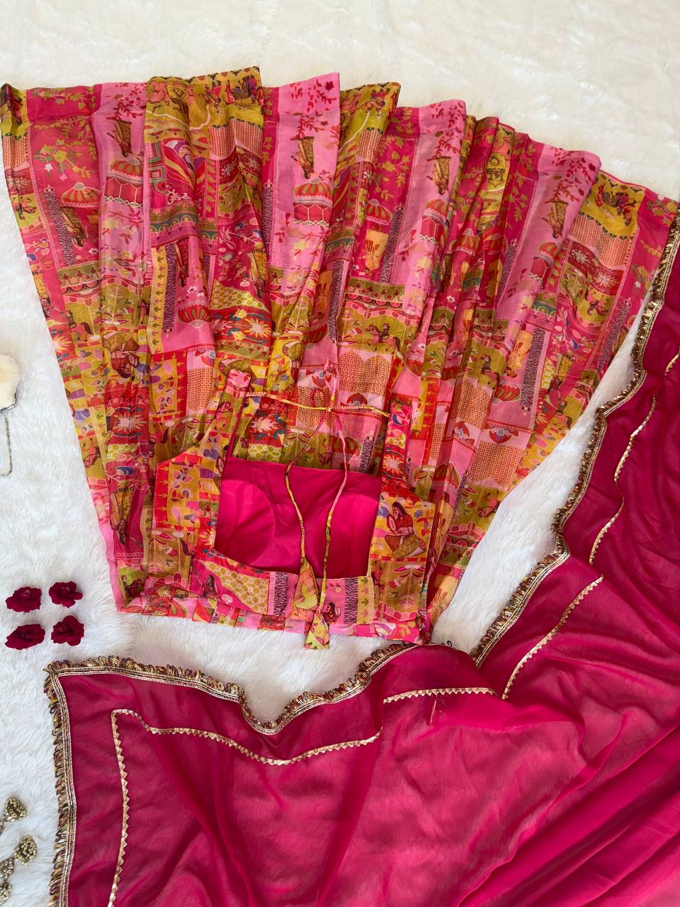 Designer Pink Color Organza Silk 8 Meter Flair Anarkali Gown Set