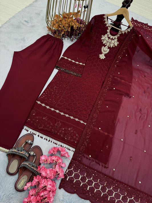 Designe Georgette Sequence Work Maroon Color Plazzo Suit