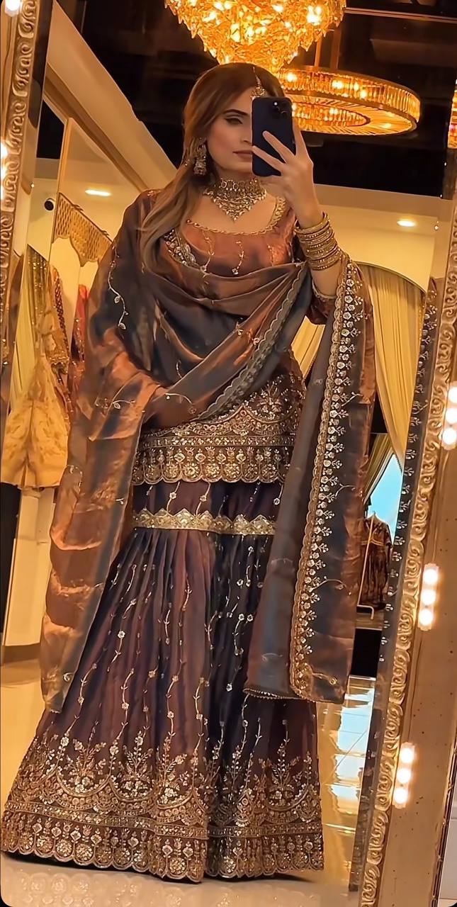 Party Wear Fendy Crush Silk Embroidered Sharara Suit Set
