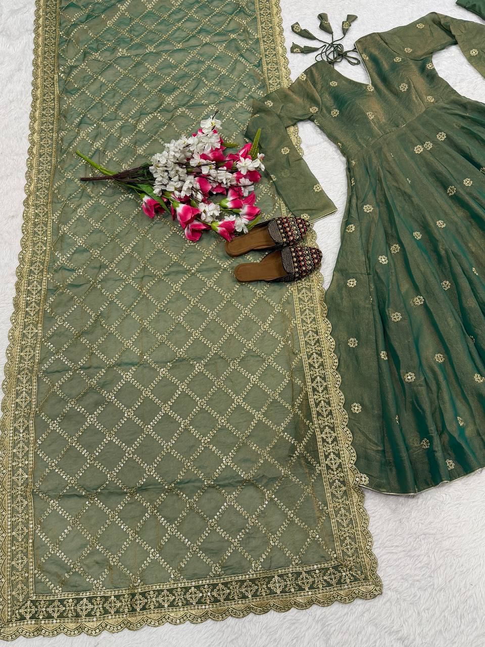 Glorious Green Color Sequence Embroidered Anarkali Suit With Dupatta
