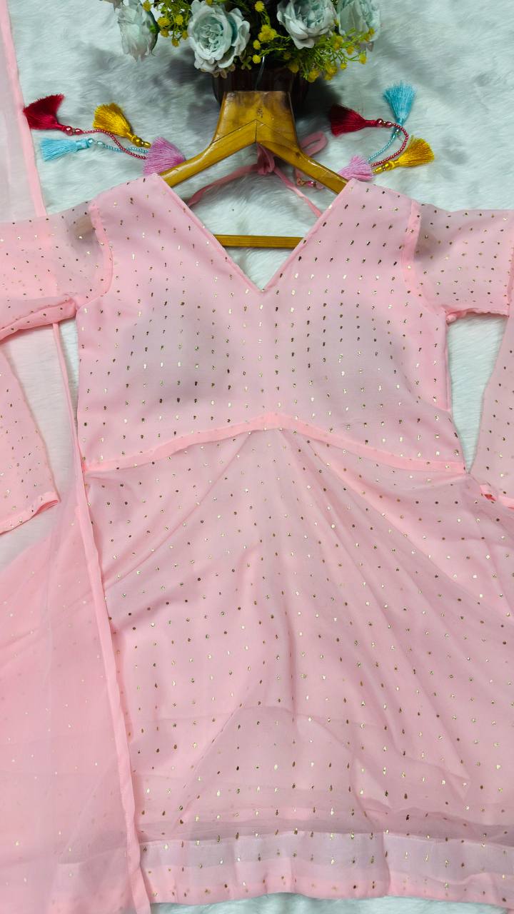 Party Wear Pink Color Faux Blooming Palazoo Suit With Kurta Top