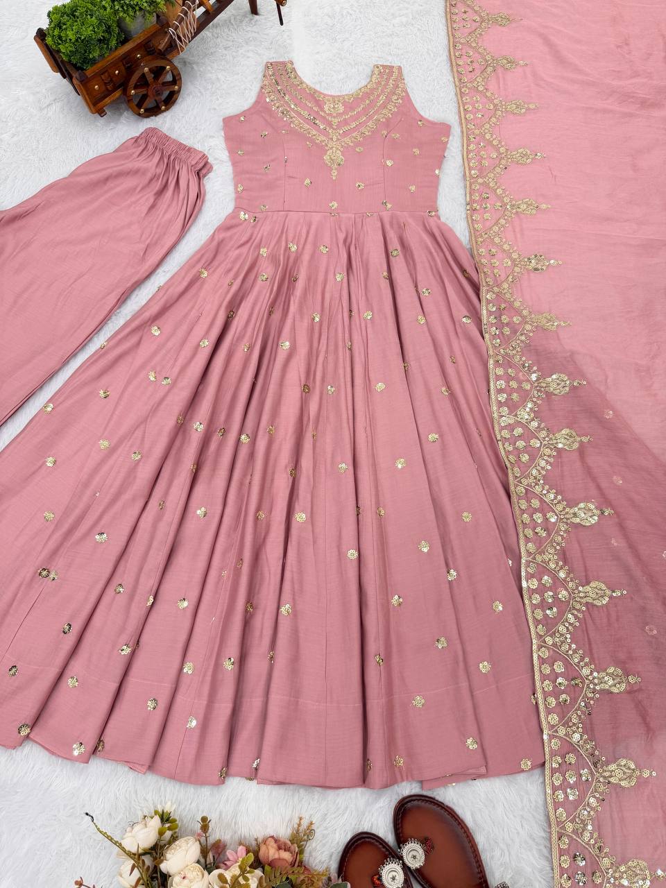 Ceremony Wear Peach Color Roman Silk Arti Chauhan Anarkali Gown Set