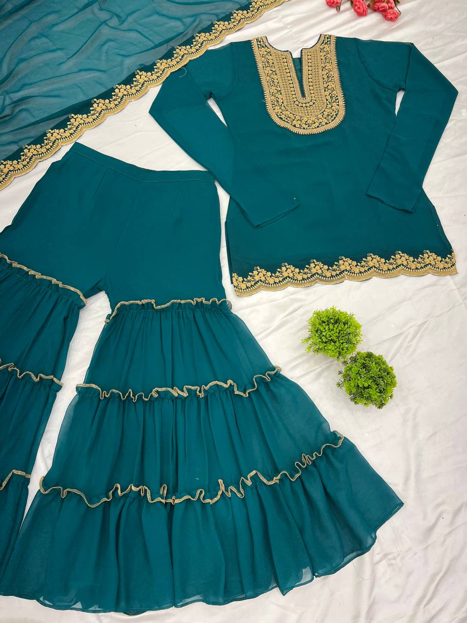 Ravishing Green Color Blooming Faux Georgette With Heavy Embroidery Sequence Thread Work Palazzo Suit