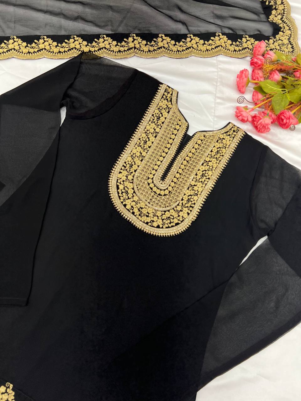 Ravishing Black Color Blooming Faux Georgette With Heavy Embroidery Sequence Thread Work Palazzo Suit