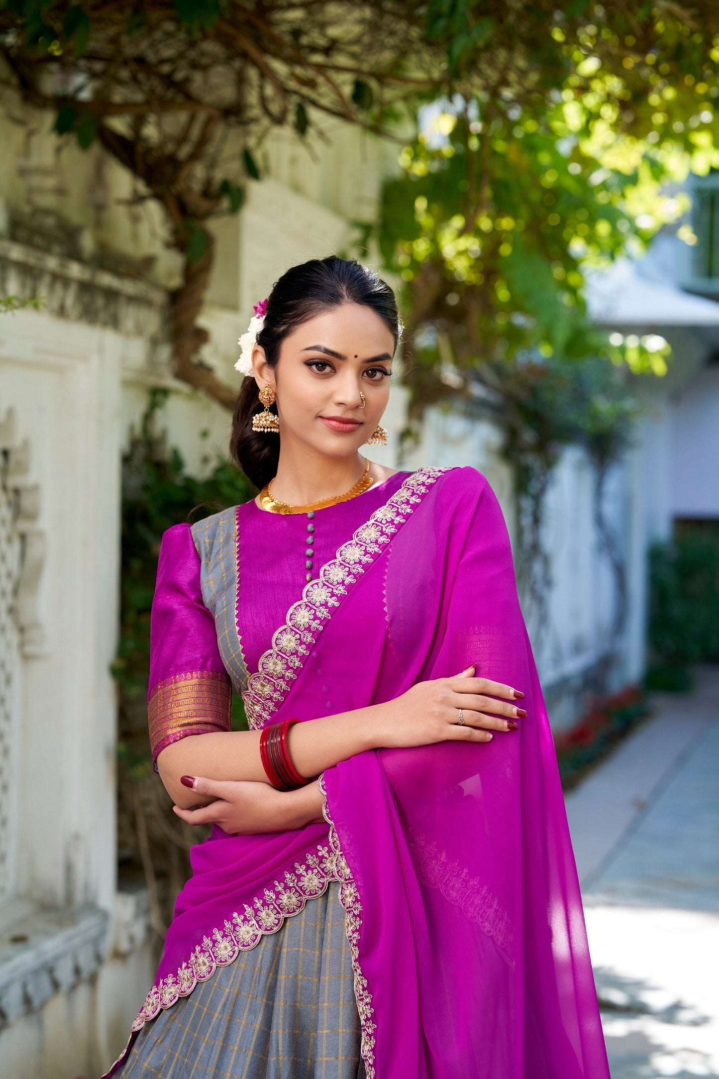 South Indian Wear Grey Color Zari Chex With Zari Weaving Work Designer Lehenga Choli