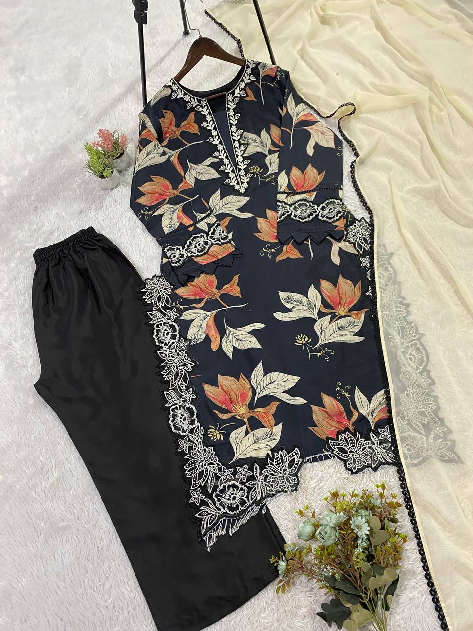 Designer Blue Color Muslin Embroidered Work Palazzo Suit Set