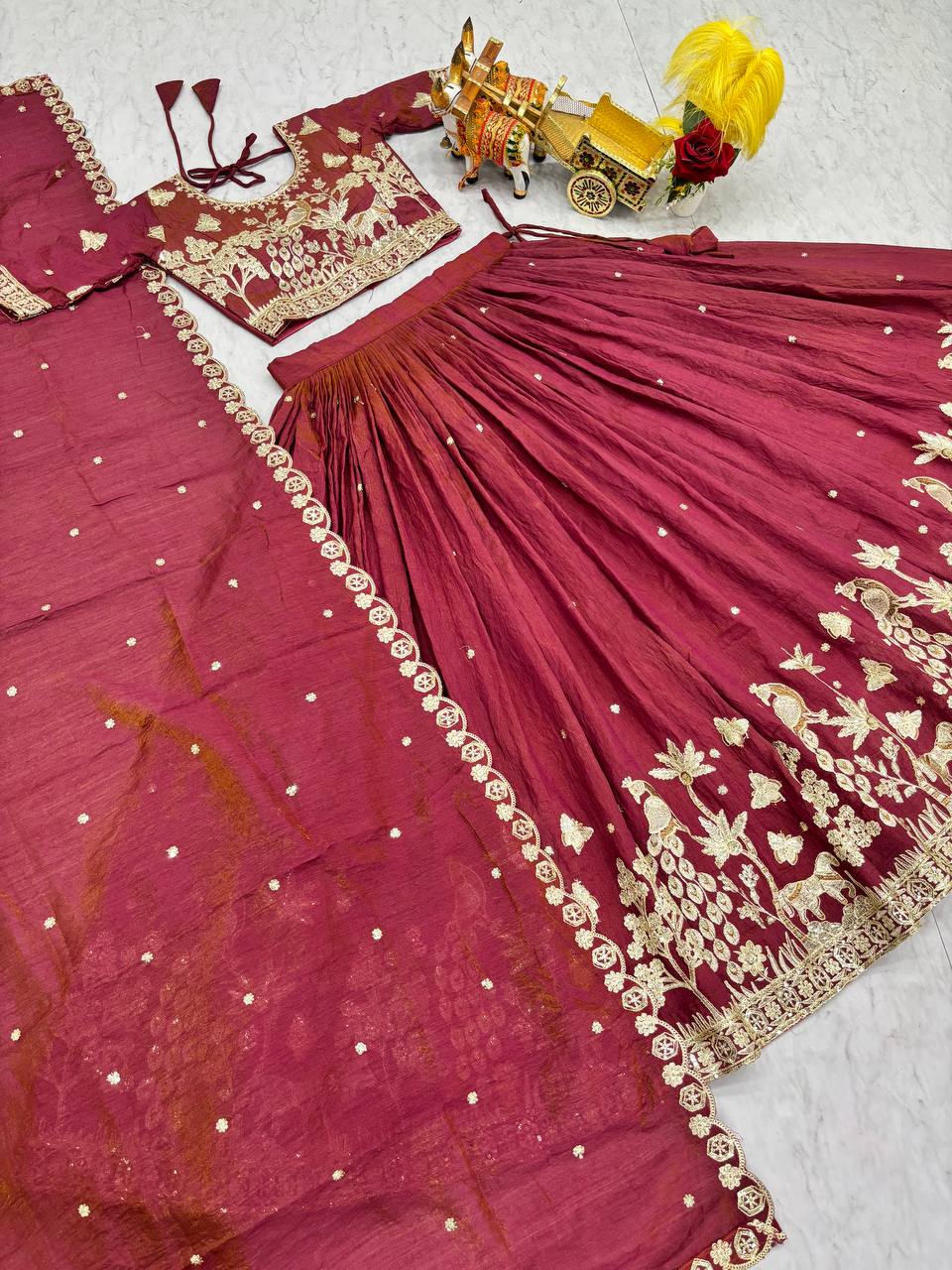 Peaceful Maroon Color Embroidery With Thread Work Lehenga Set