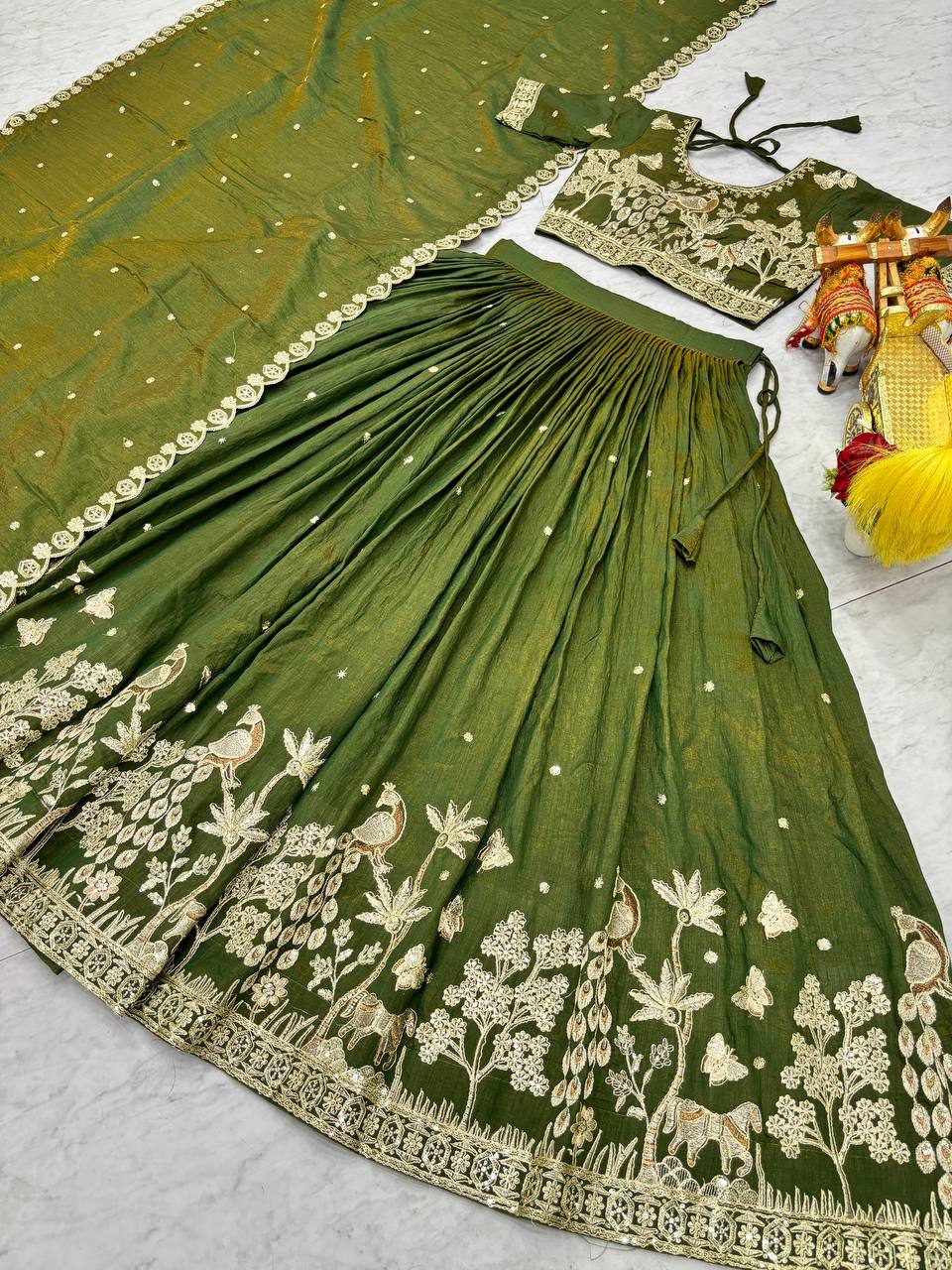 Outstanding Green Color Embroidery With Thread Work Lehenga Choli