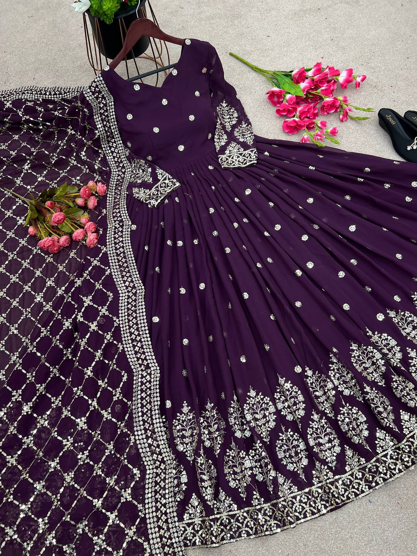 Designer Purple Color Embroidery Sequence Party Wear Gown