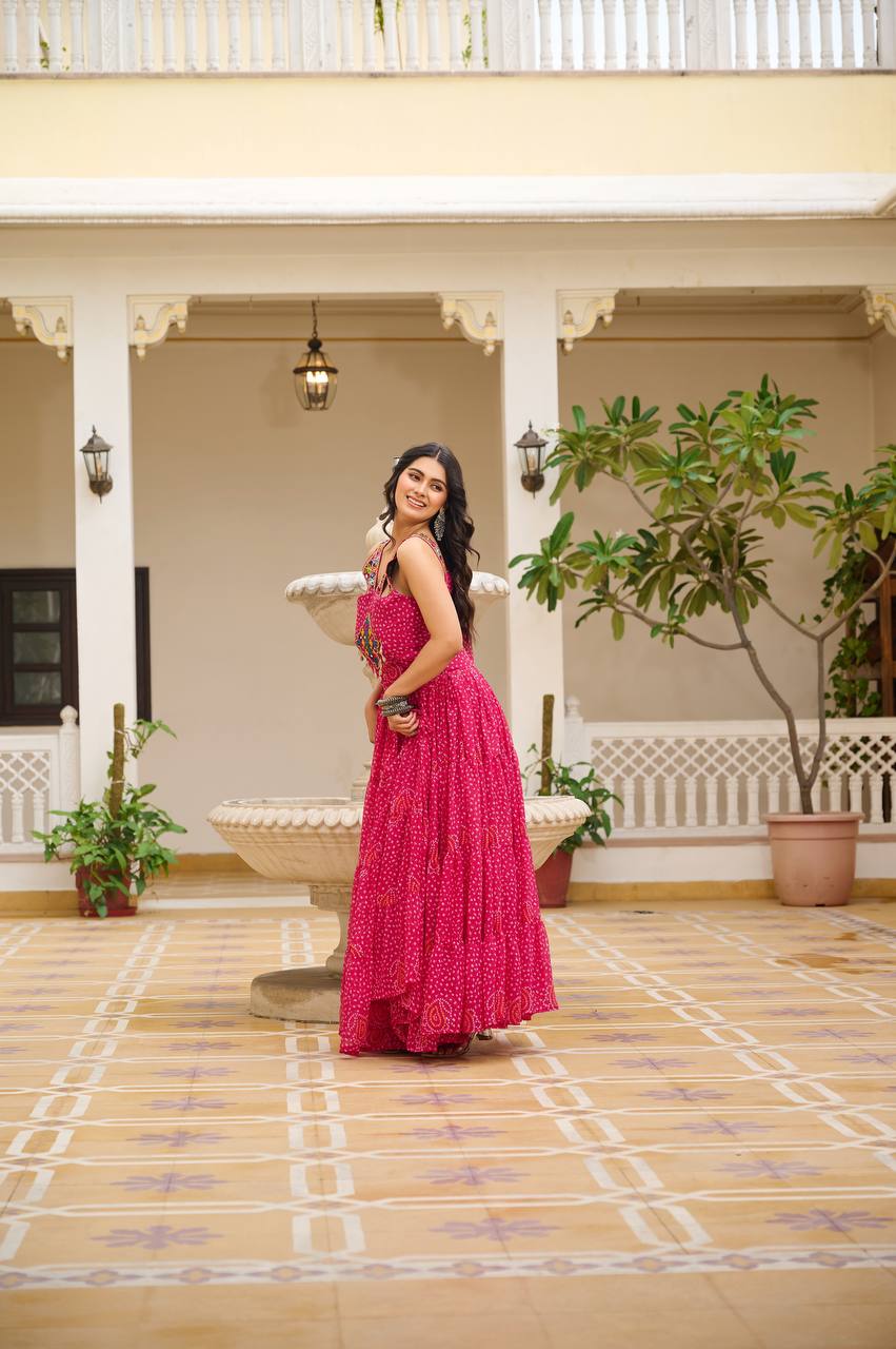 Navratri Wear Pink Color Georgette Bandani Printed With Real Mirror Gown