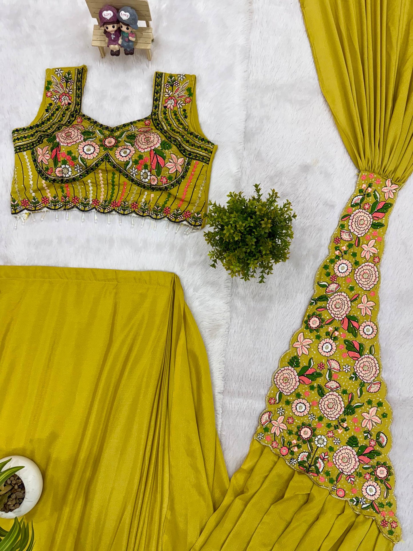 Glimmering Green Color Embroidered Ready TO Wear Saree With Blouse