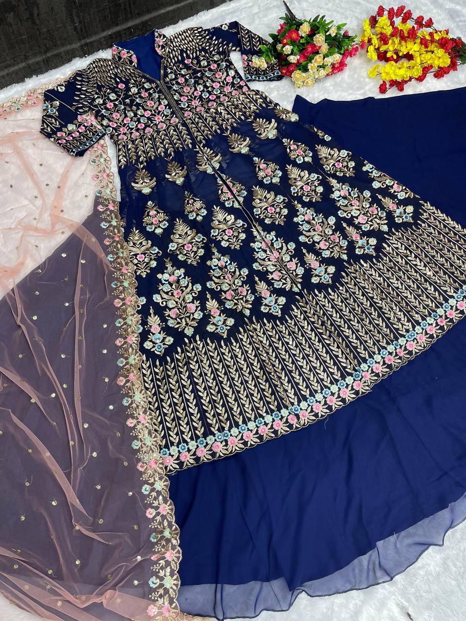 Captivating Blue Color Heavy Faux Georgette Embroidery Sequence Work Lehenga Suit