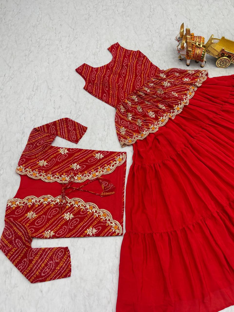 Luxuriant Red Color Pure Bandhej With Embroidery Thread Work Crop Top Lehenga