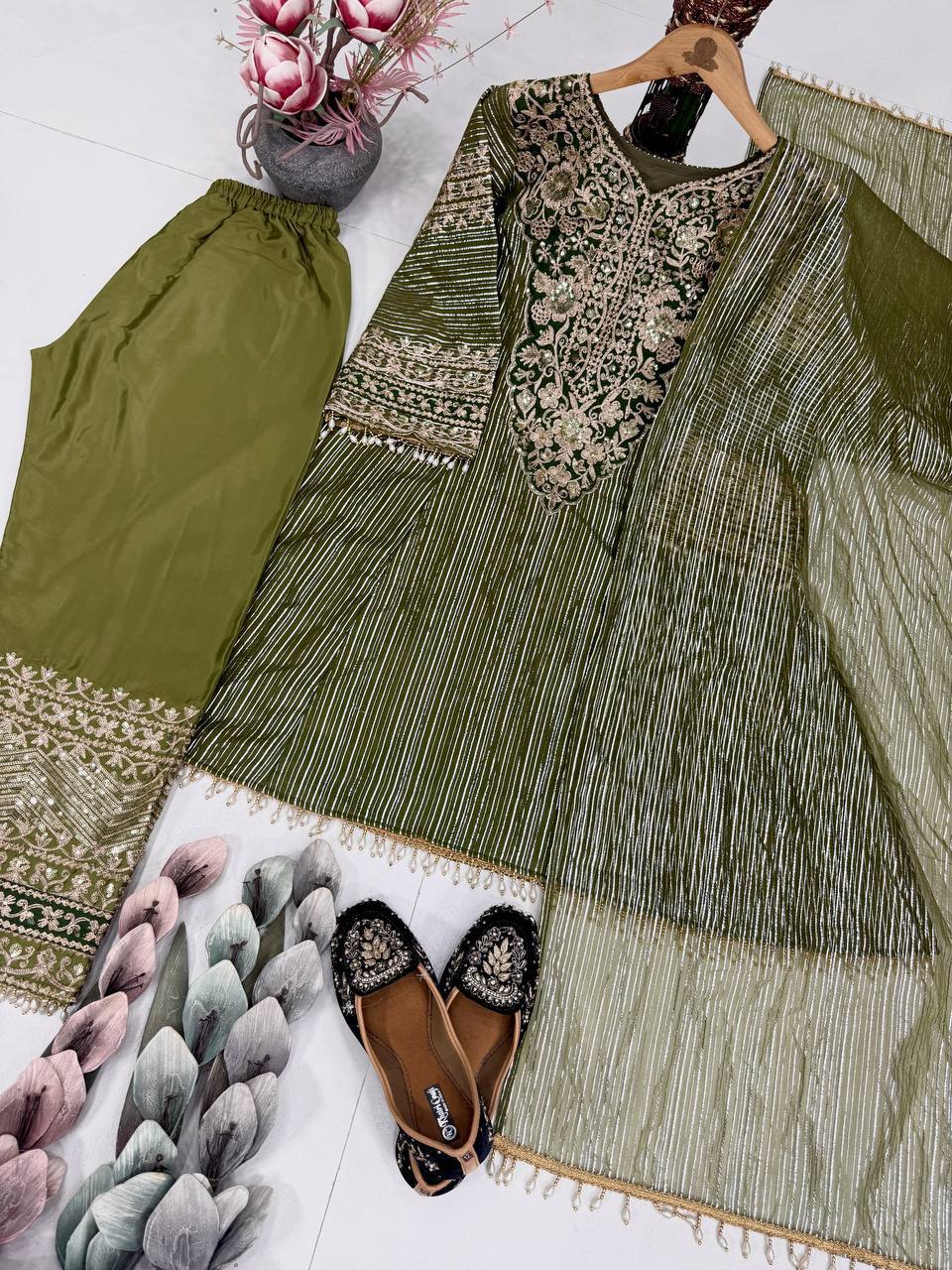 Charming Green Color Sequence Embroidered Palazzo With Dupatta Suit