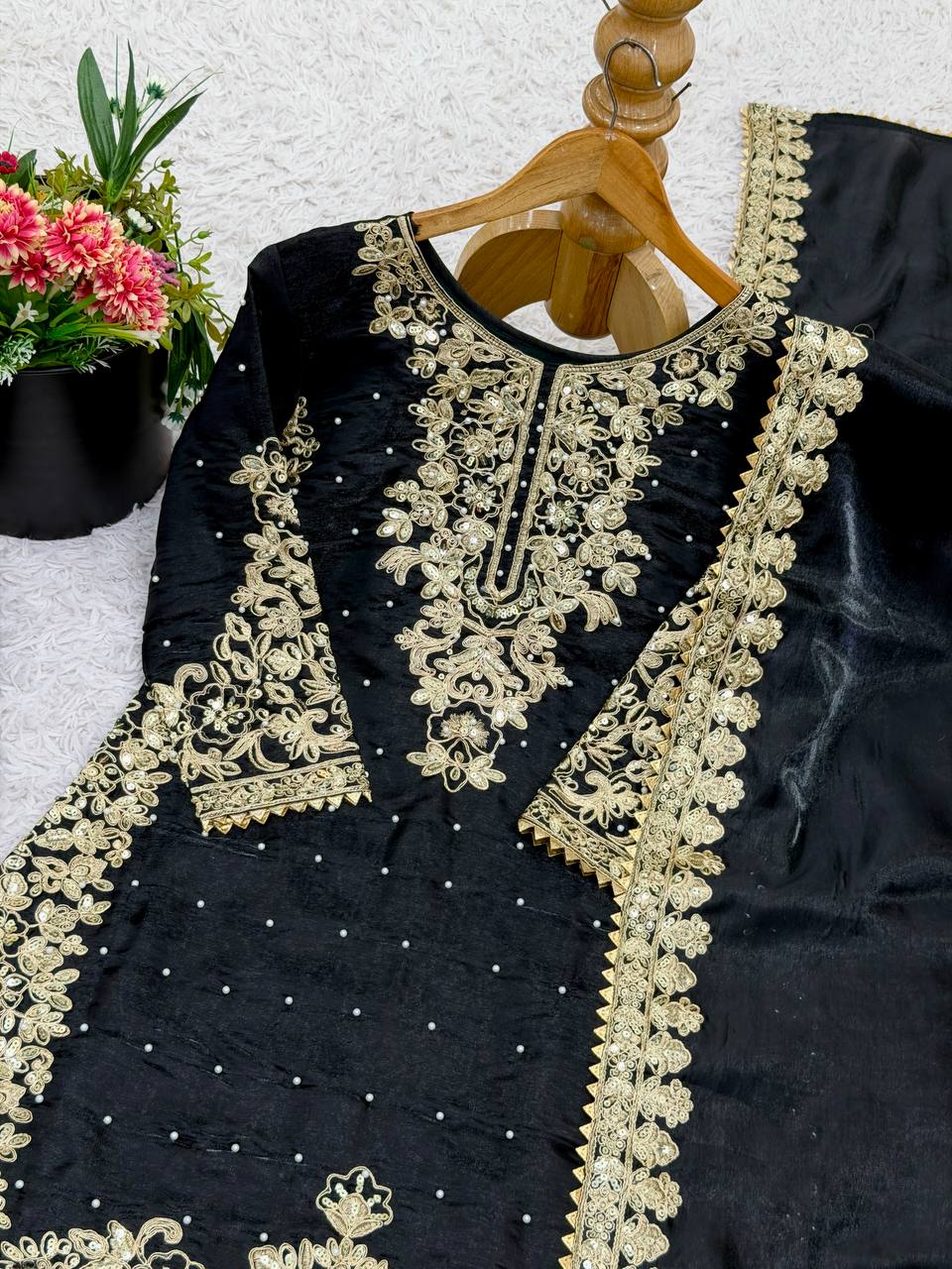 Embellished Black Color Sequence Embroidered Palazzo Suit With Dupatta
